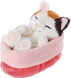 NICI Kuscheltier Sleeping Kitties Katze 12 Cm, Creme, Im Rot-rosanem Körbchen (48085)